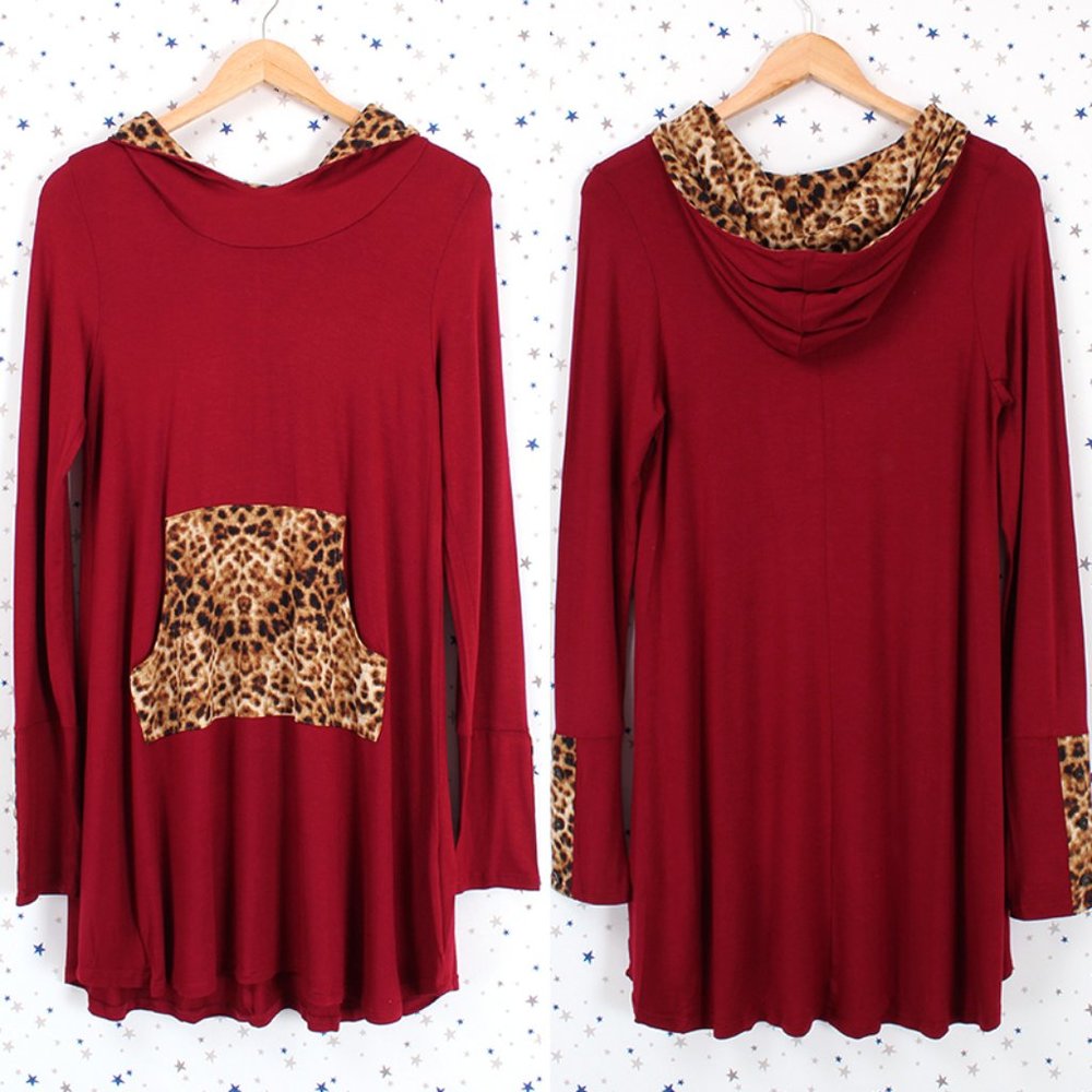 Leopard Print Hoodie Tunic Sweatshirt Burgundy Red